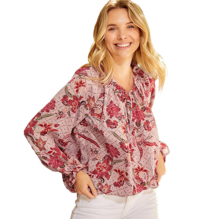 long Boho Wine Red Blouse with Flowers