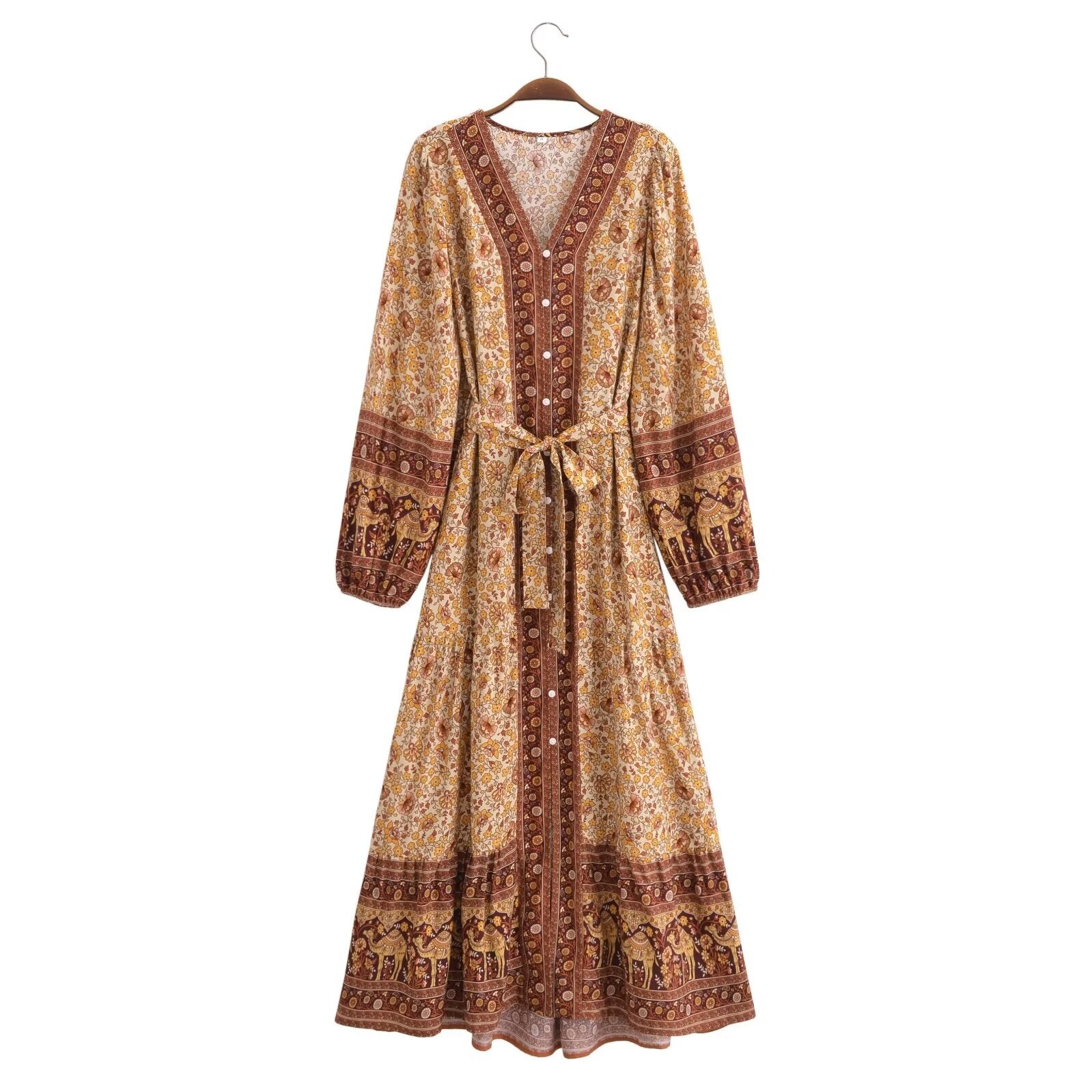 long sleeve Bohemian Pattern Belt Dress