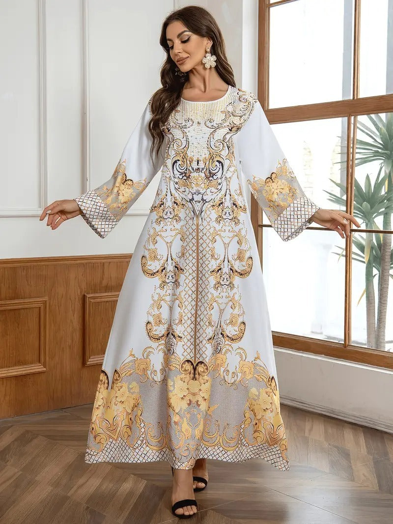 loose White Gold Bohemian Maxi Dress