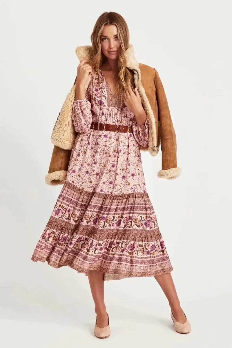 midi Pink Boho Dress
