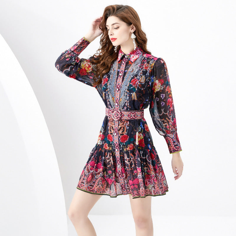 Woman wearing a colorful floral dress on a white background