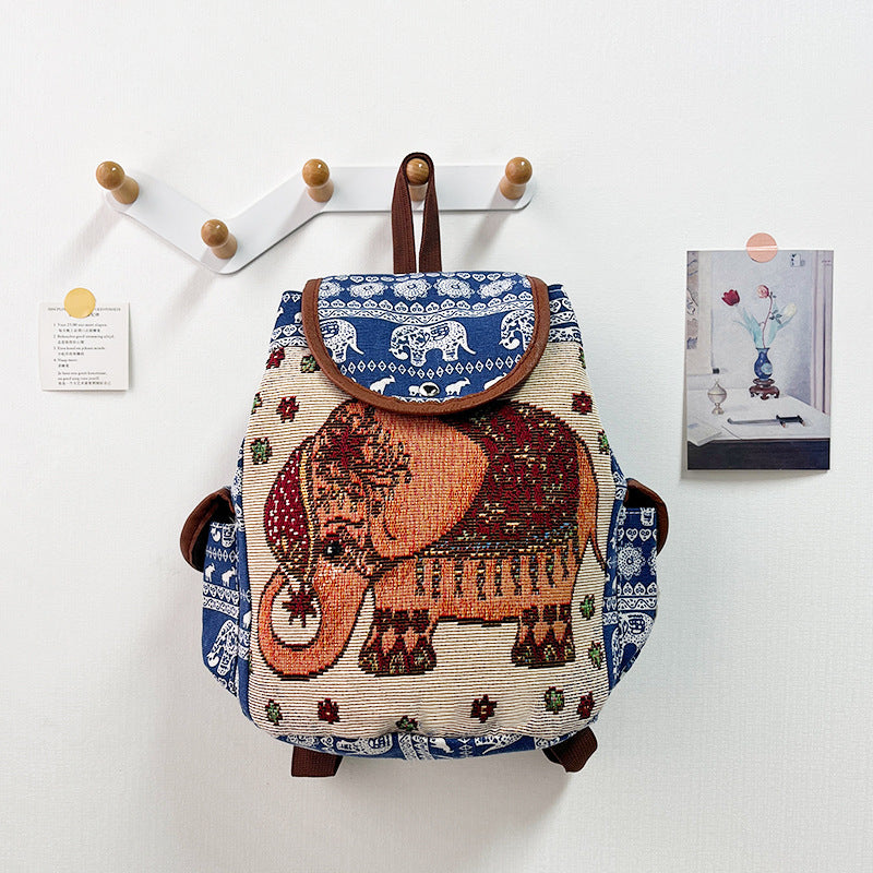 orange Bohemian Embroidered Backpack with Elephant Design