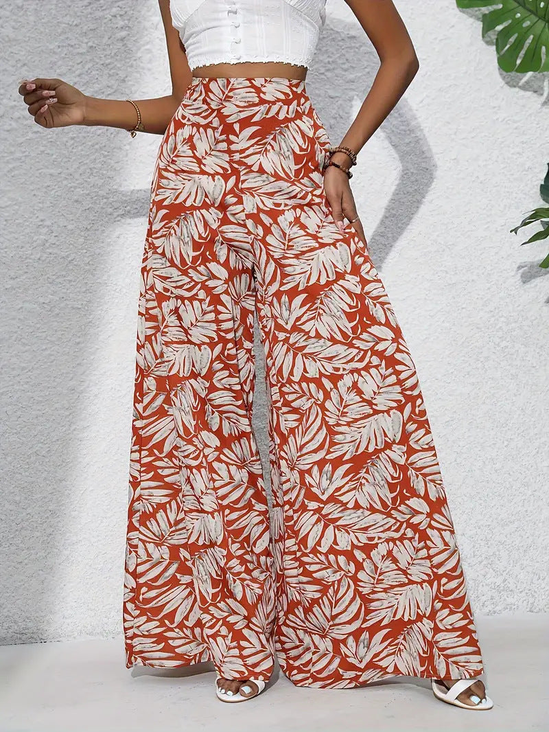orange Exotic Printed High Rise Wide Leg Bohemian Trousers