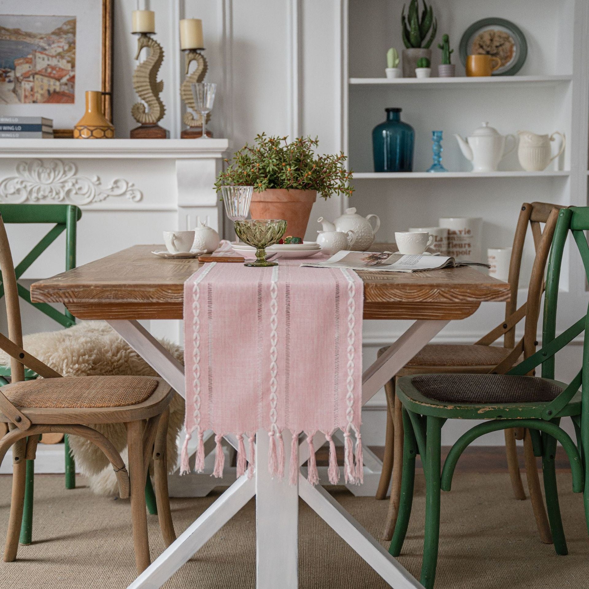 pink Bohemian Table Runners with Tassels