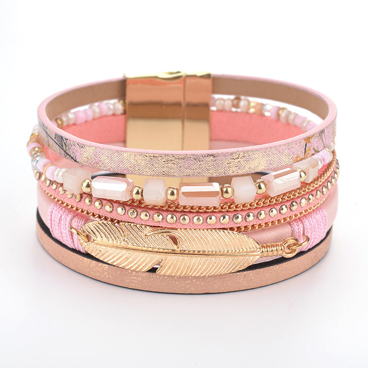 pink Boho Stack Bracelet with Golden Feather