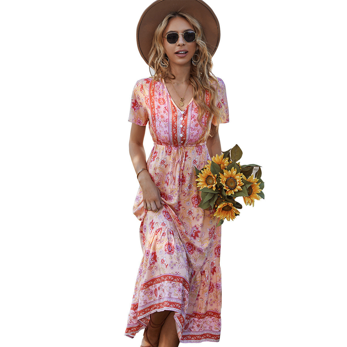 pink Boho Summer Maxi Dress
