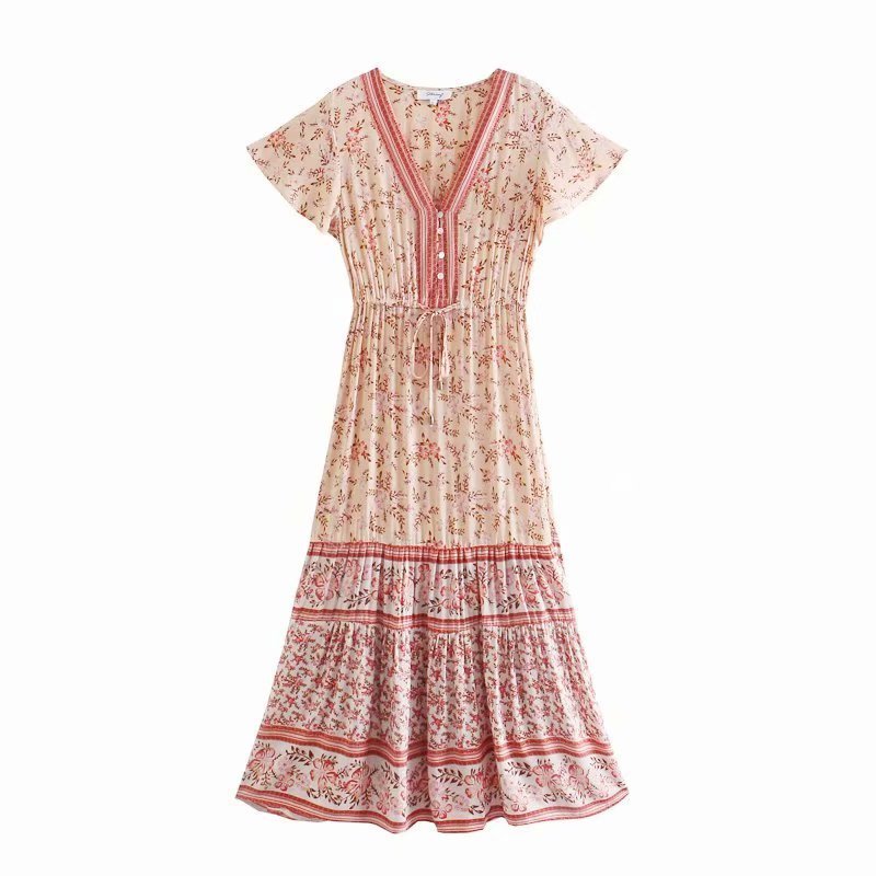 pink Short Sleeve Boho Dress with Buttons