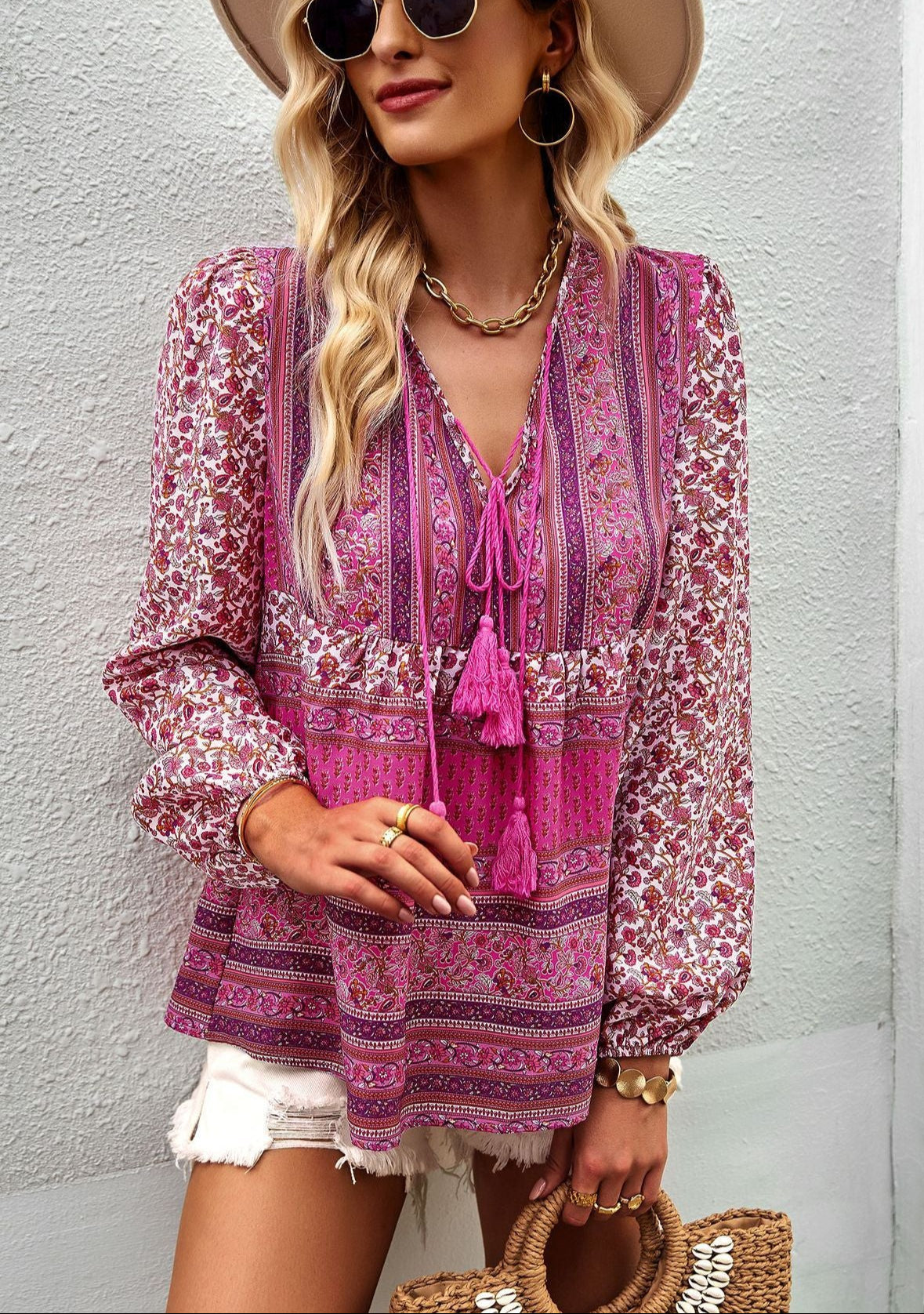 purple Boho Top with Tassel Strings