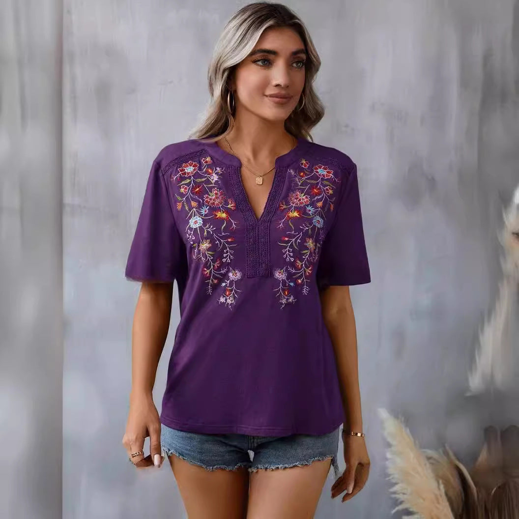 purple V-Neck Summer Top with Embroidered Flowers