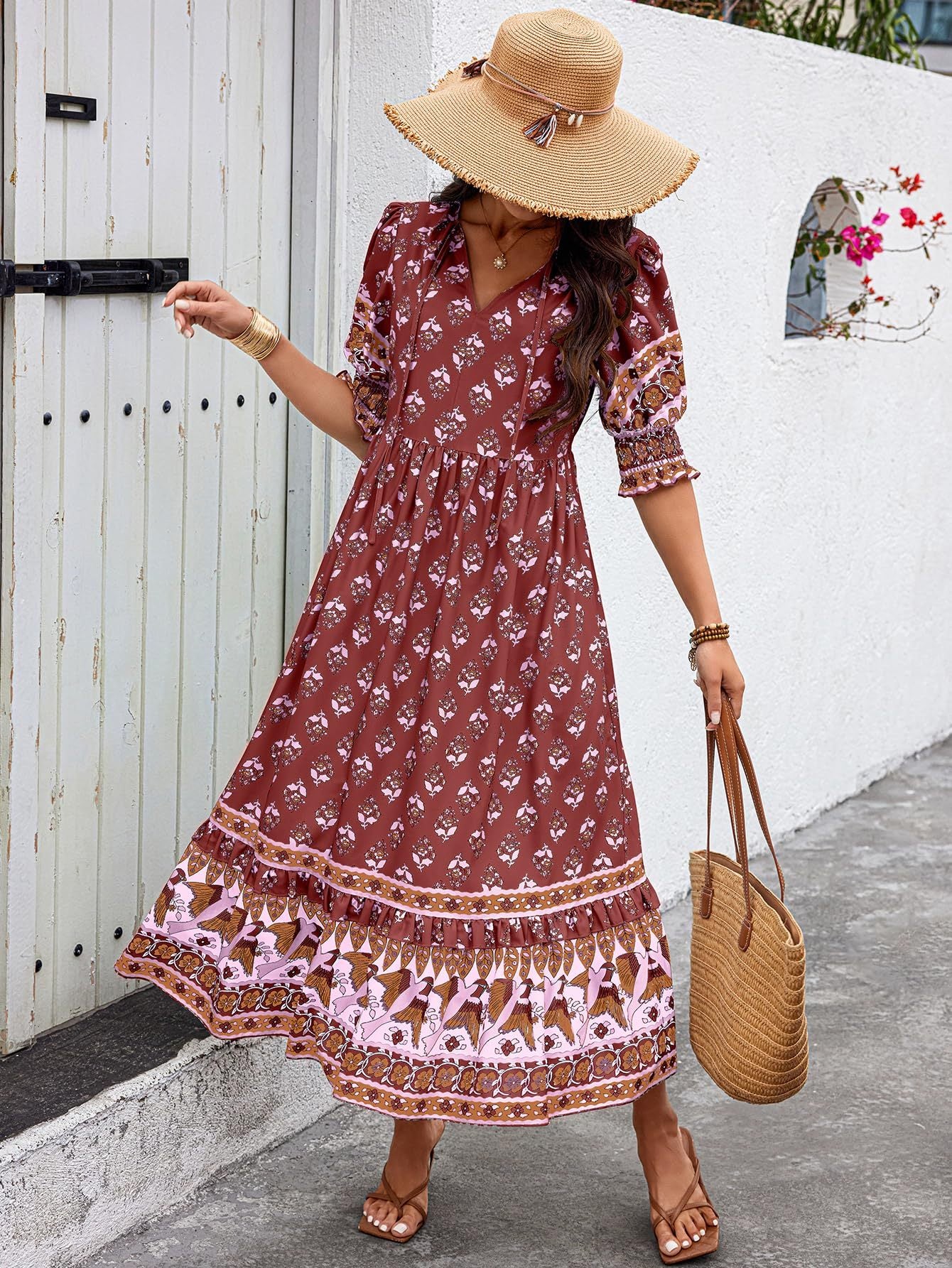 wine red Bohemian Print Maxi Dress