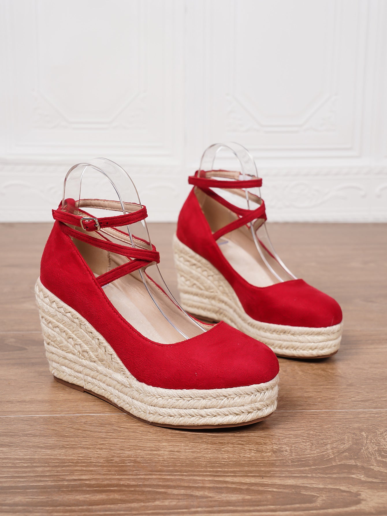 red Boho Woven Wedge Heels