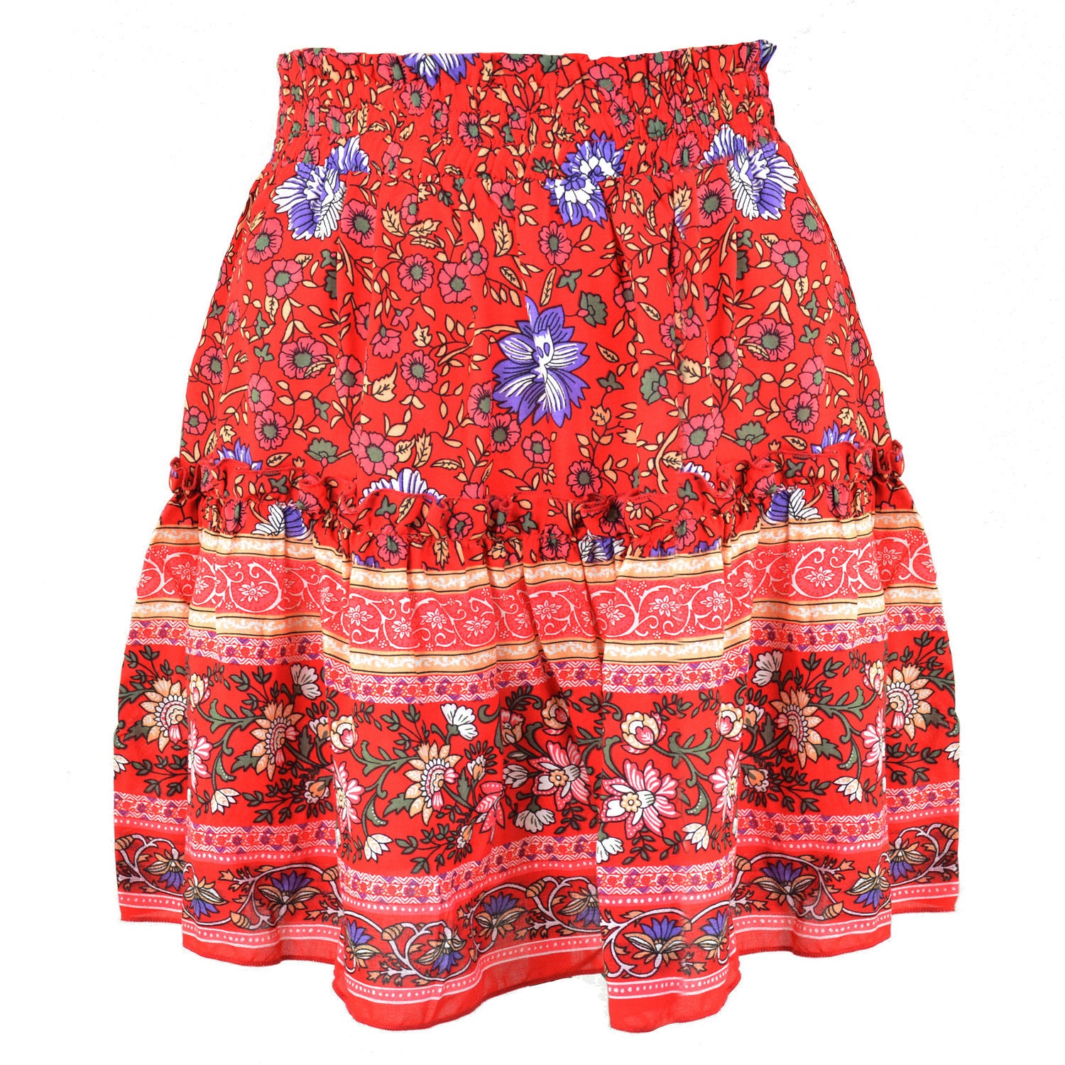 Red floral and paisley patterned skirt on a white background