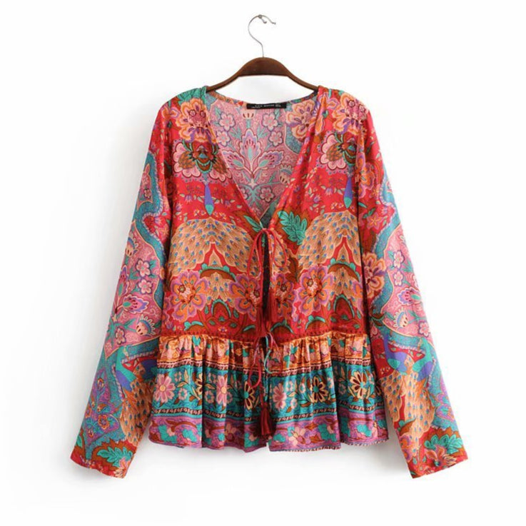Flamboyant Boho Blouse in Red and Blue