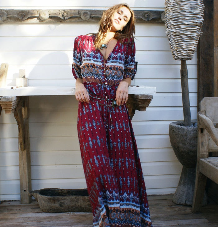 red Gypsy Style Maxi Dress long sleeves