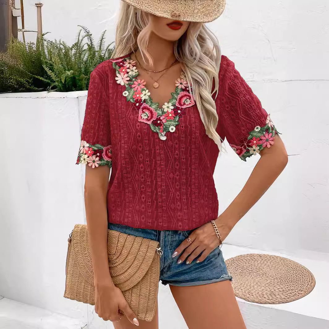 red Pink Flowers Embroidery Summer Blouse for Women