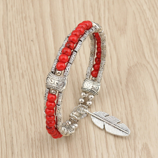Silver Metal Feather Charm Bracelet with Beads