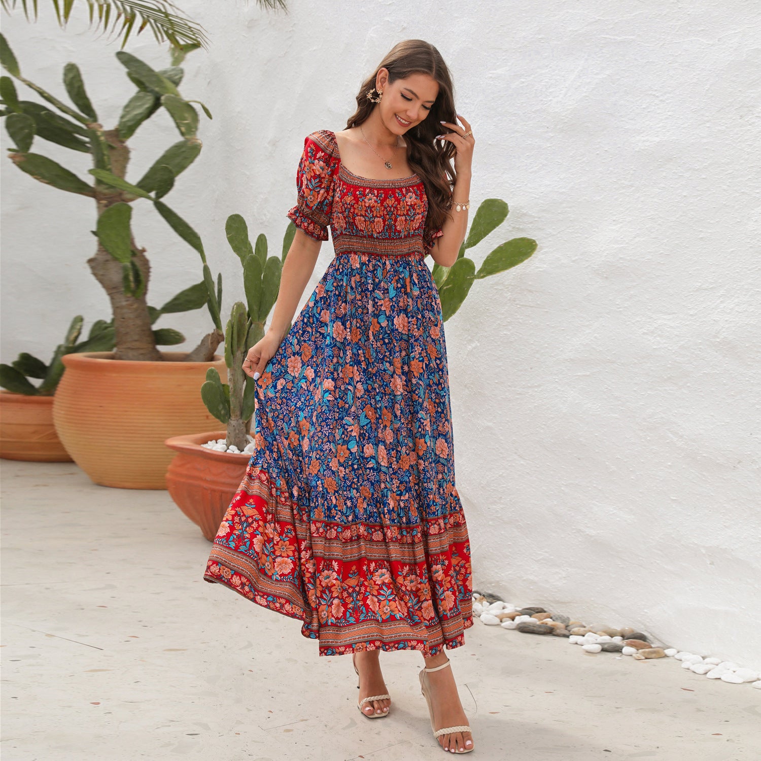 red blue Bohemian Off-Shoulder Beach Dress