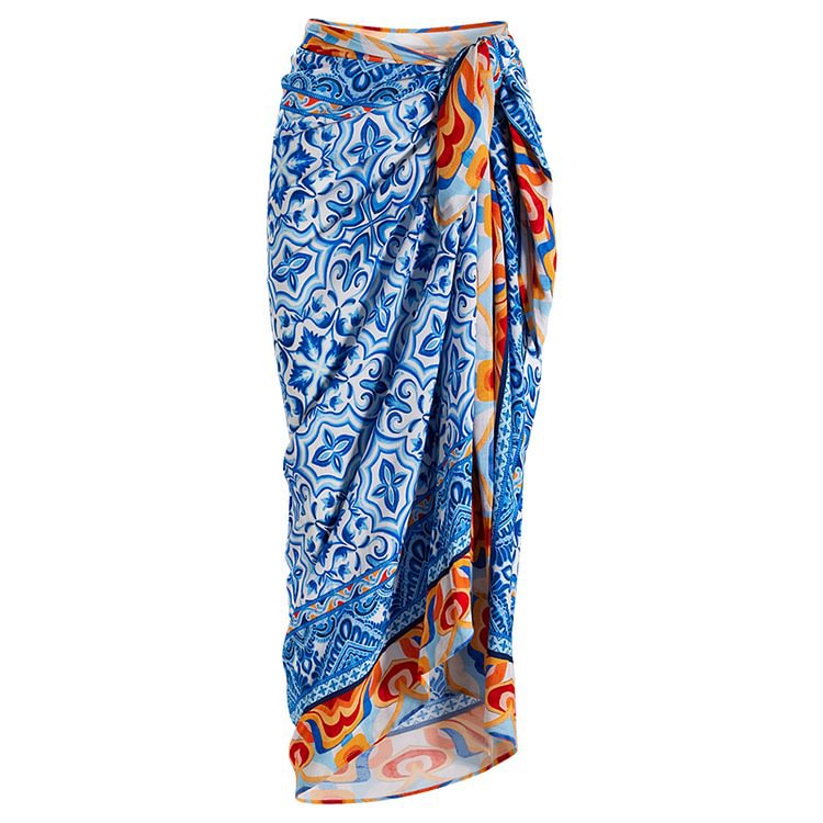 Blue Print Boho Chic Swimsuit with Wrap Skirt Cover Up
