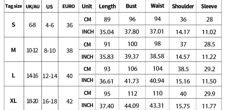 Size chart for clothing with measurements in centimeters and inches.