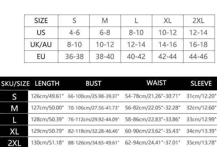 Size chart and measurement details for clothing with US, UK/AU, and EU measurements.