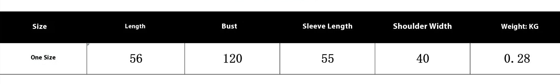 Fabric composition and size chart with measurements