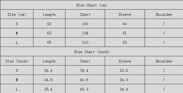 Size chart for clothing measurements in centimeters and inches.