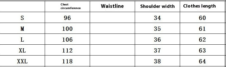 Table showing clothing size chart with chest circumference, waistline, shoulder width, and clothes length.