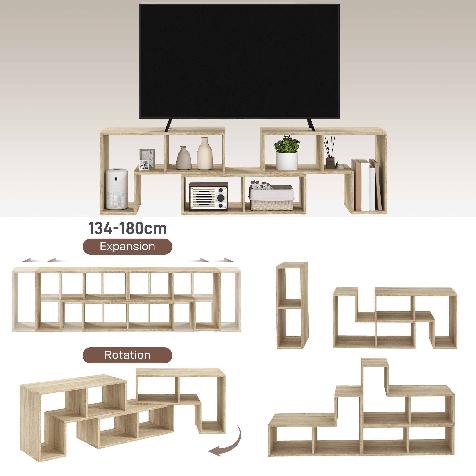Wooden TV stand with dimensions displayed against a neutral background