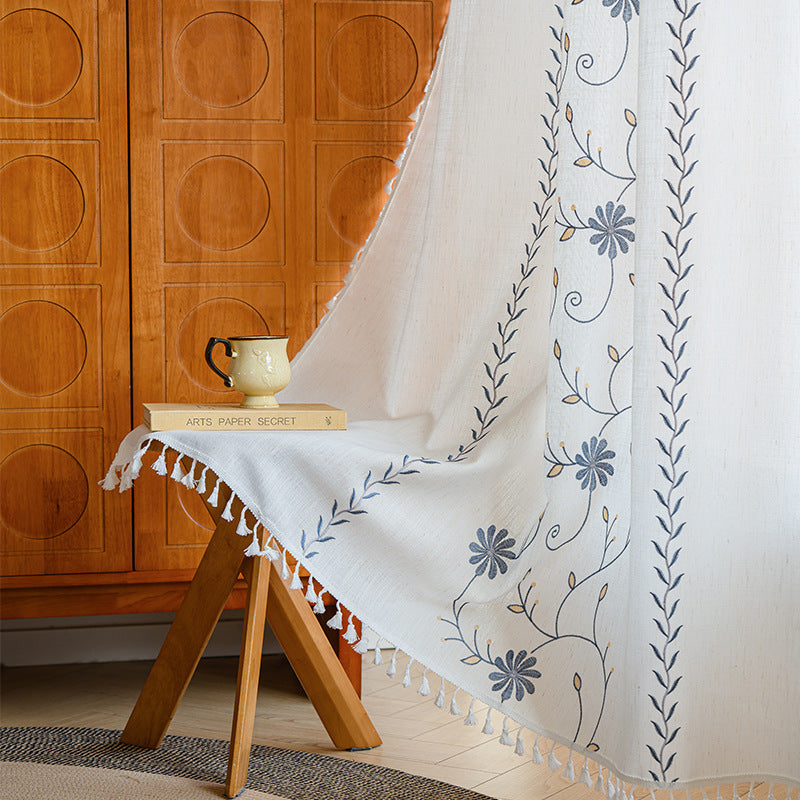 white Bohemian Curtains with Flower and Plant Design