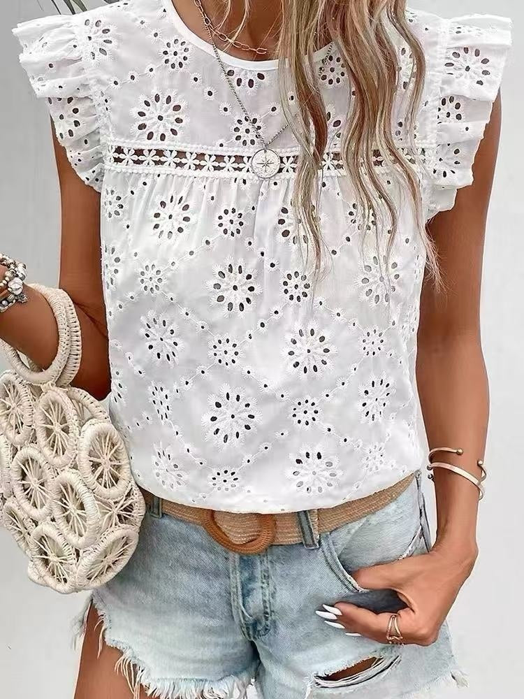 white Boho Hollowed Out Blouse with Short Sleeves