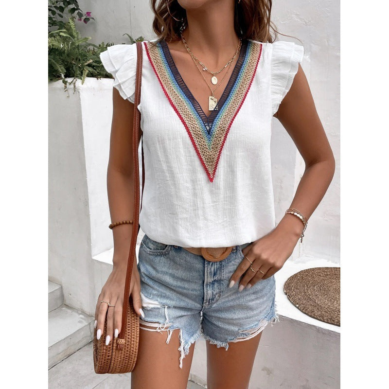white Boho Kaftan Top Short Sleeves with Ruffles