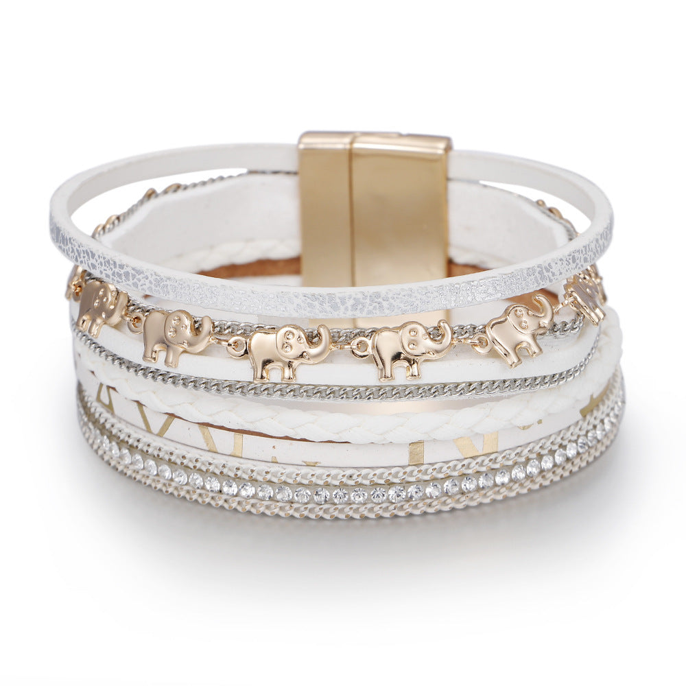white Boho Stack Bracelet with Elephant Charms