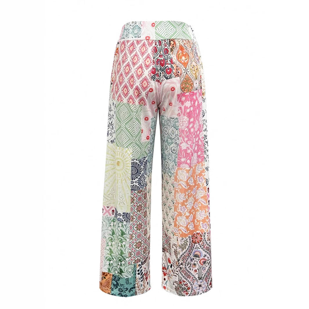 white Colorful Printed Boho Hippie Pants