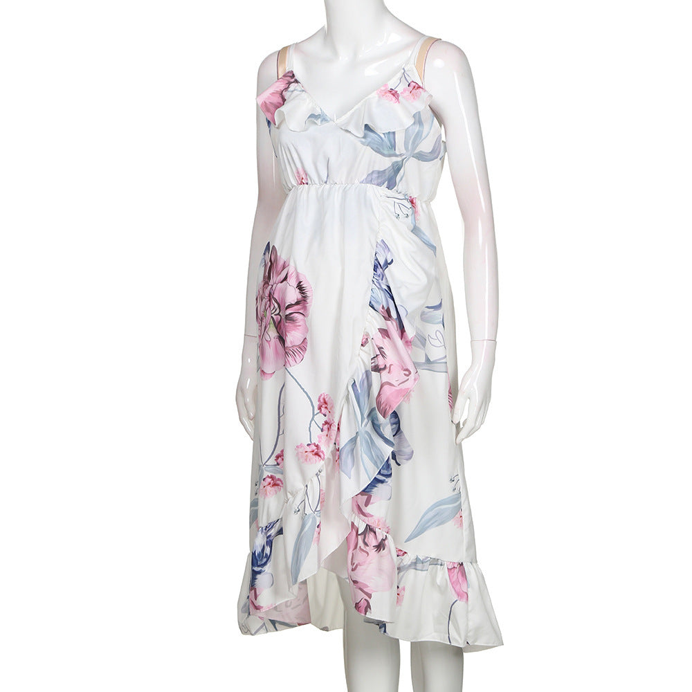 Floral dress on a mannequin against a white background