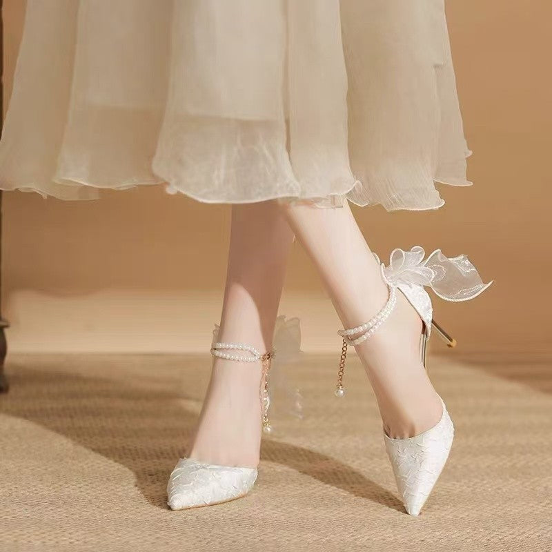 white Lace Pointed Toe Wedding Heels with Bows