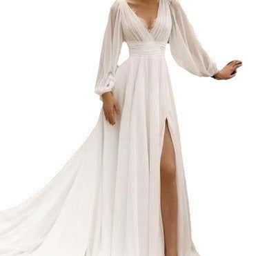 white Long Tail Bohemian Wedding Dress