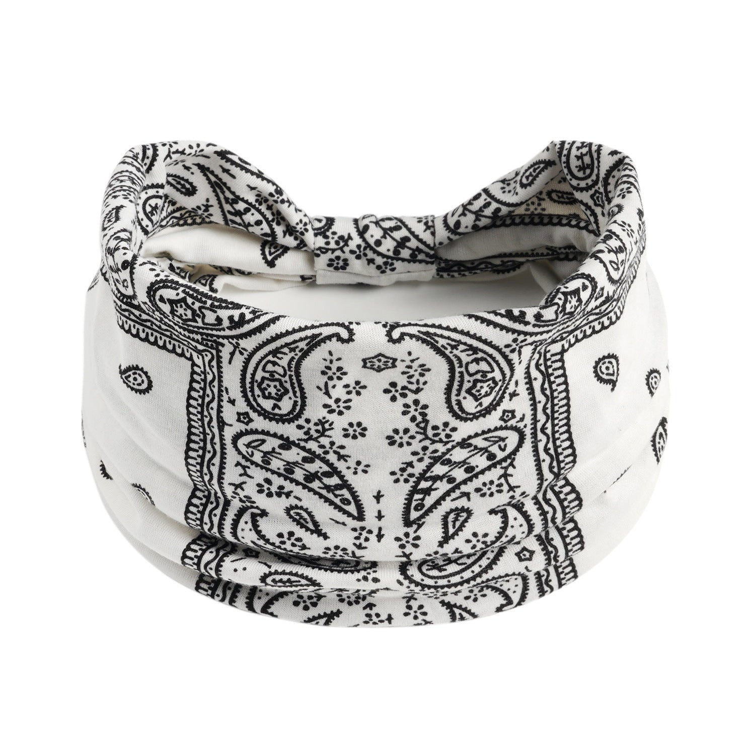White headband with black paisley pattern on a white background