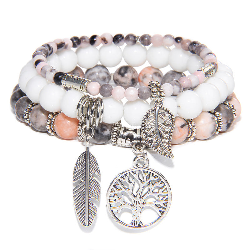 white 3 Pcs Tree Of Life and Feather Pendant Bead Bracelets