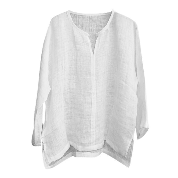 white V-Neck Baggy Linen Boho Blouse with Long Sleeves for Men