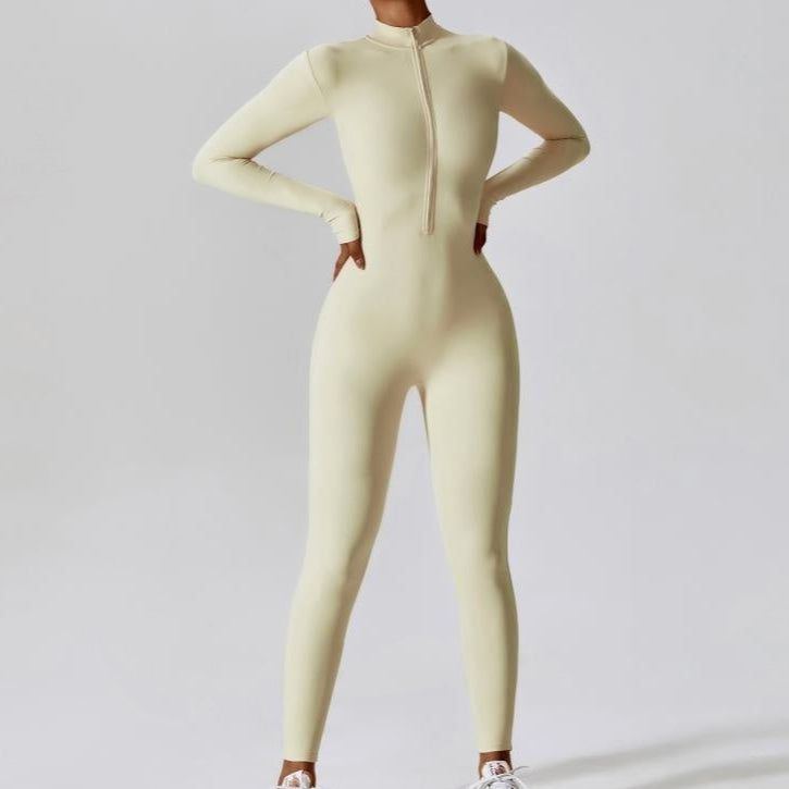 white Yoga One Piece Jumpsuit with Zipper V-Neck Design