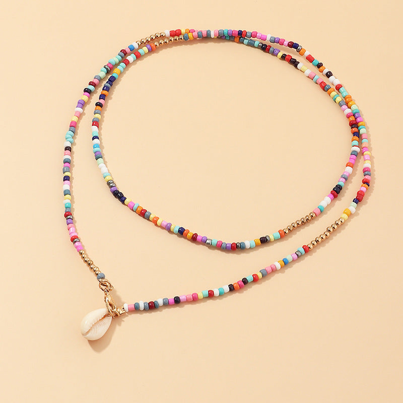 Colorful Beaded Necklace with Seashell Pendant