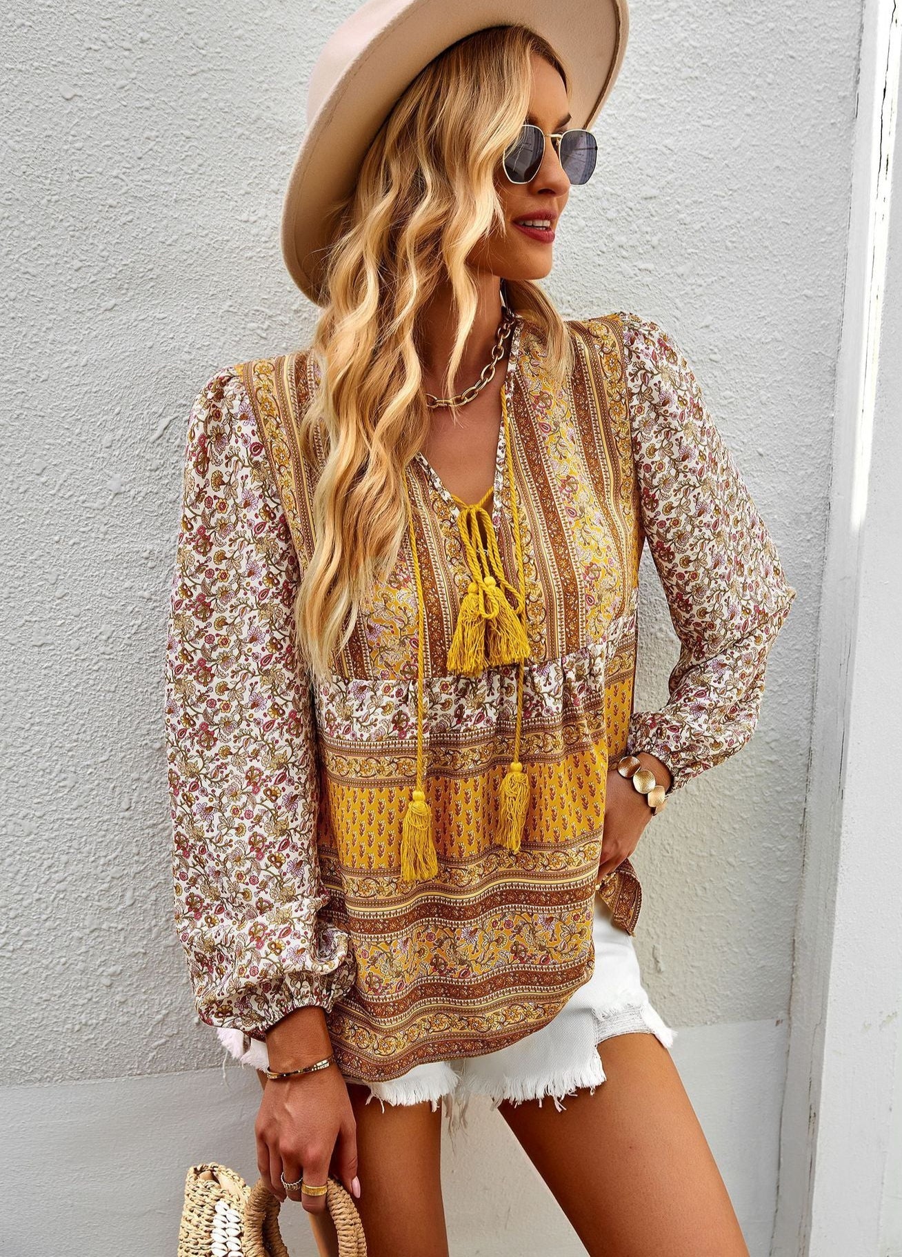 yellow Boho Top with Tassel Strings