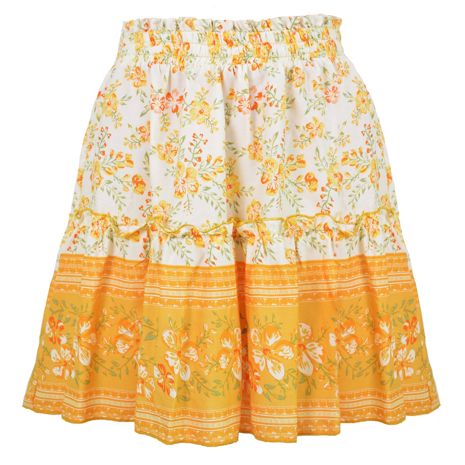 Floral skirt with orange and yellow pattern on a white background