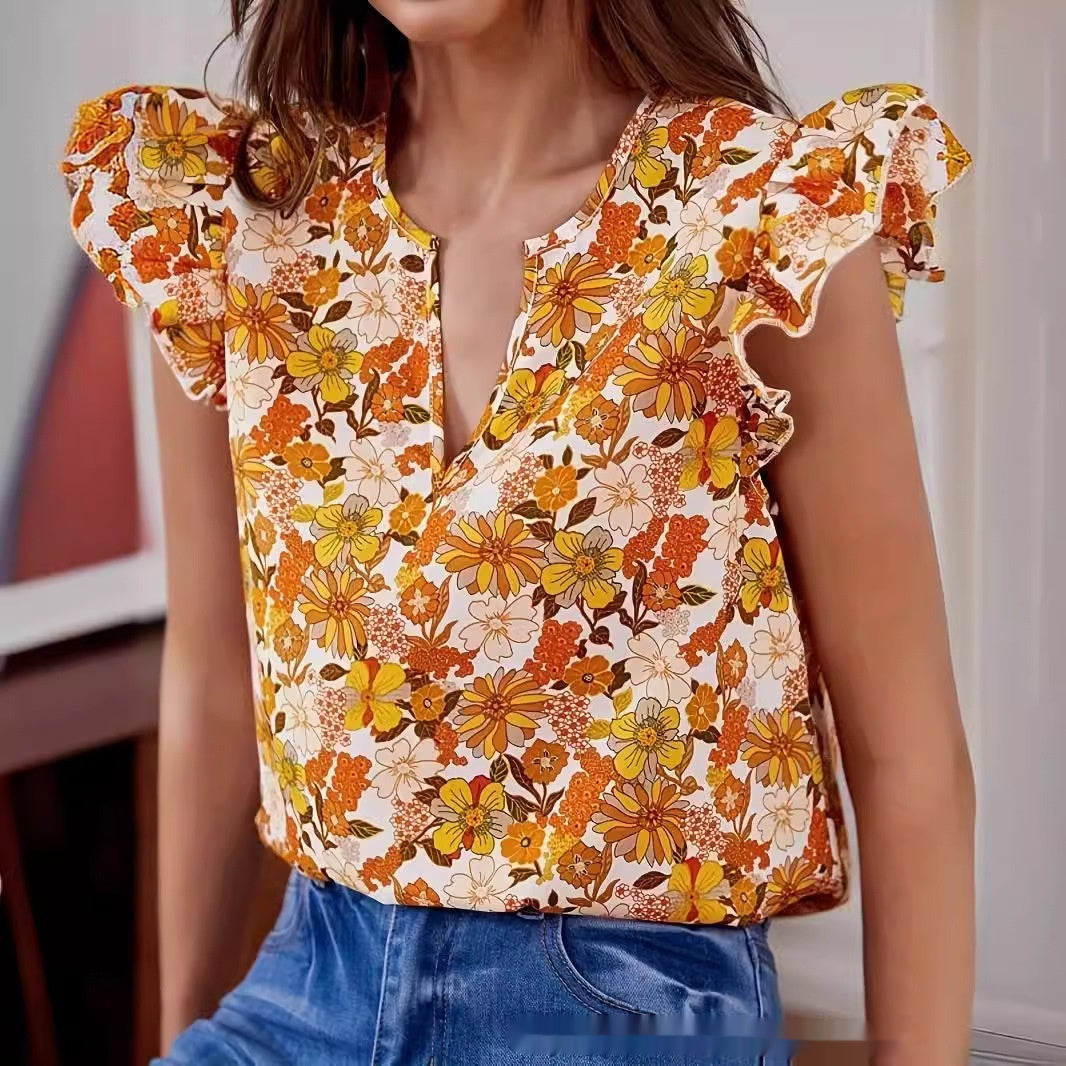 Orange Floral Boho Print Top yellow