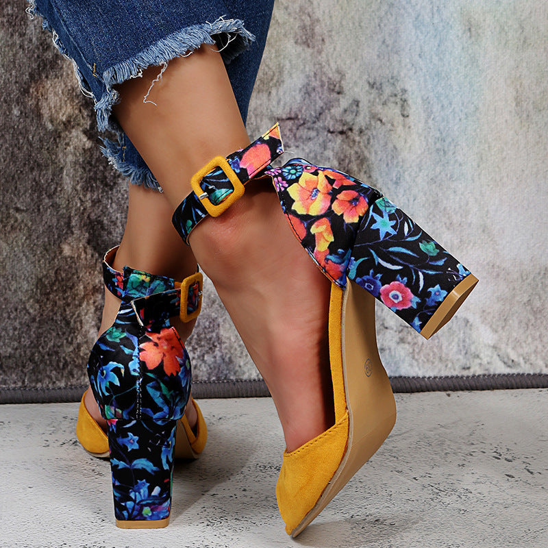 yellow Summer Heeled Sandals with Floral Colorful Heel