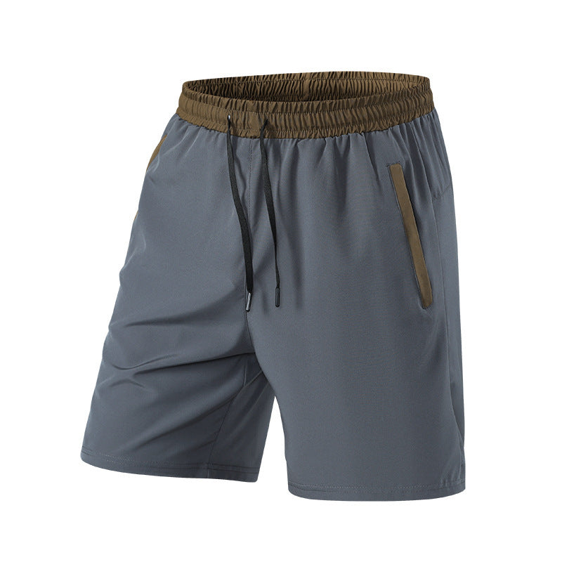Gray shorts with brown waistband and pocket on a white background