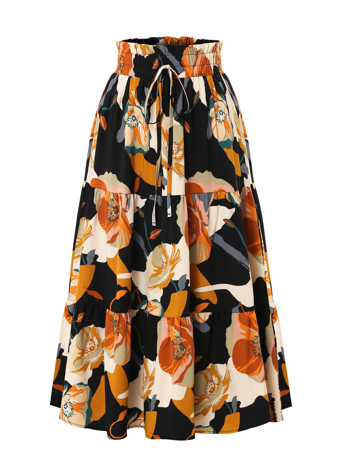 Floral patterned skirt with orange, black, and white colors on a white background