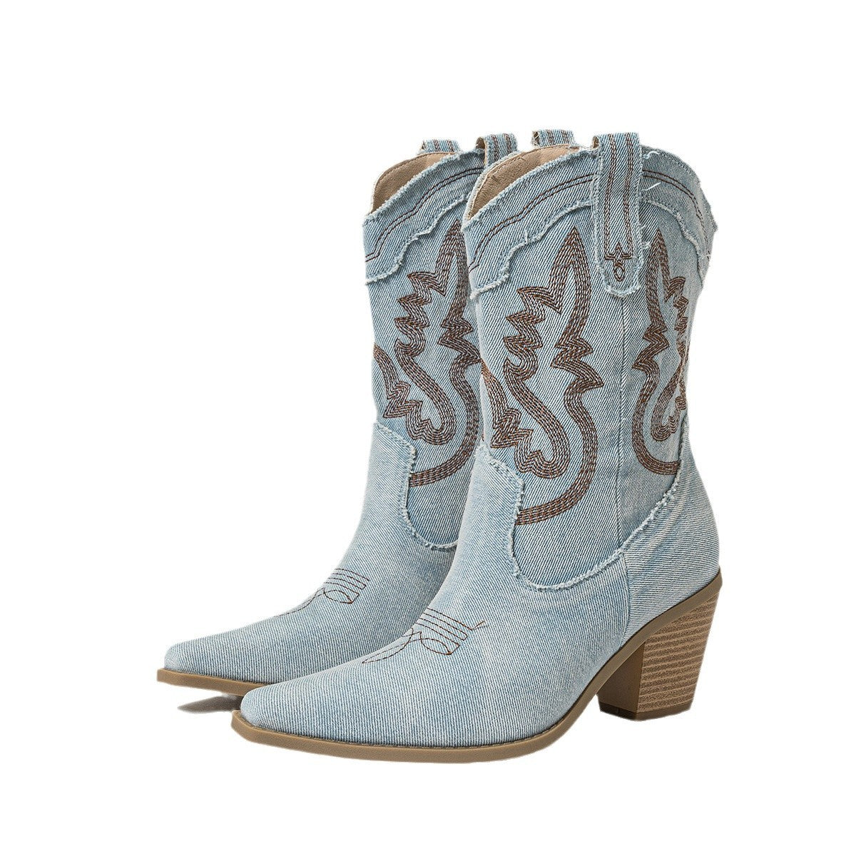Light blue denim cowboy boots with brown stitching on a white background