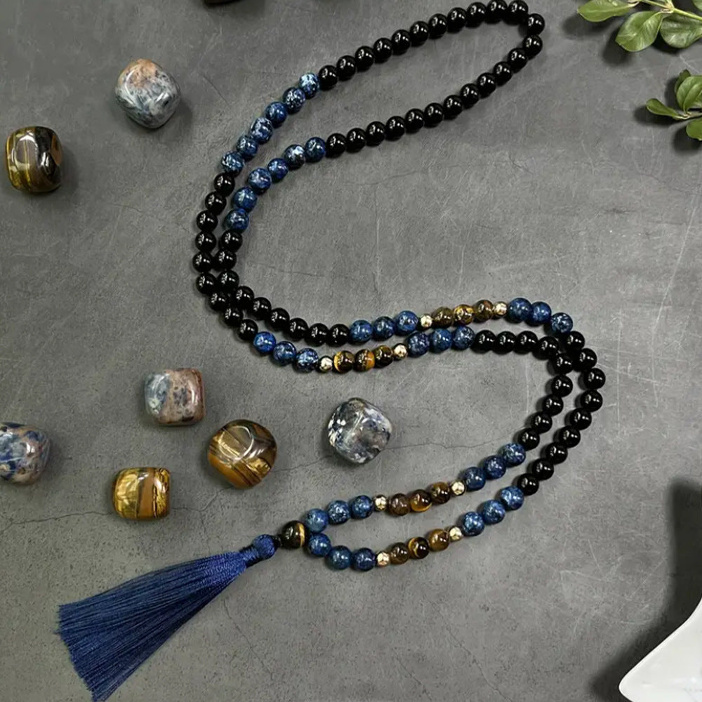 108 8mm Tassel Mala Beads in Navy Blue and Black