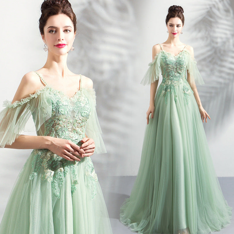 Off-Shoulder Pastel Mint Green Formal Tulle Gown